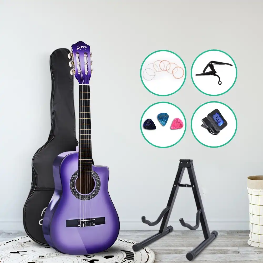 Alpha 34" Inch Guitar Classical Acoustic Cutaway Wooden Ideal Kids Gift Children 1/2 Size Purple w/ Capo Tuner