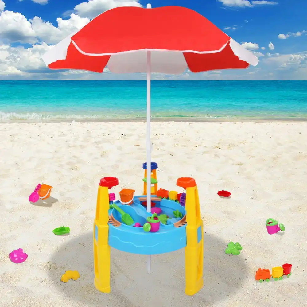 Keezi Kids Pretend Play Sandpit Toys Sand and Water Table Sand Pit Toys Beach Outdoor Umbrella