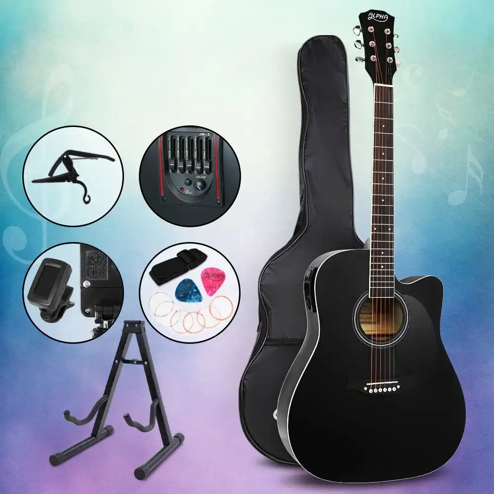 Alpha Guitar 41 Inch Electric Acoustic Guitars Bass Guitar With Picks Tuner Capo Stand and Strap Black