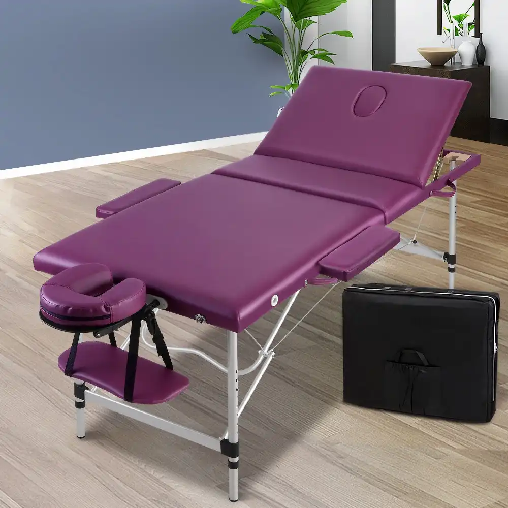 Zenses 75cm Massage Table Portable 3 Fold Aluminium Beauty Therapy Waxing Bed Purple