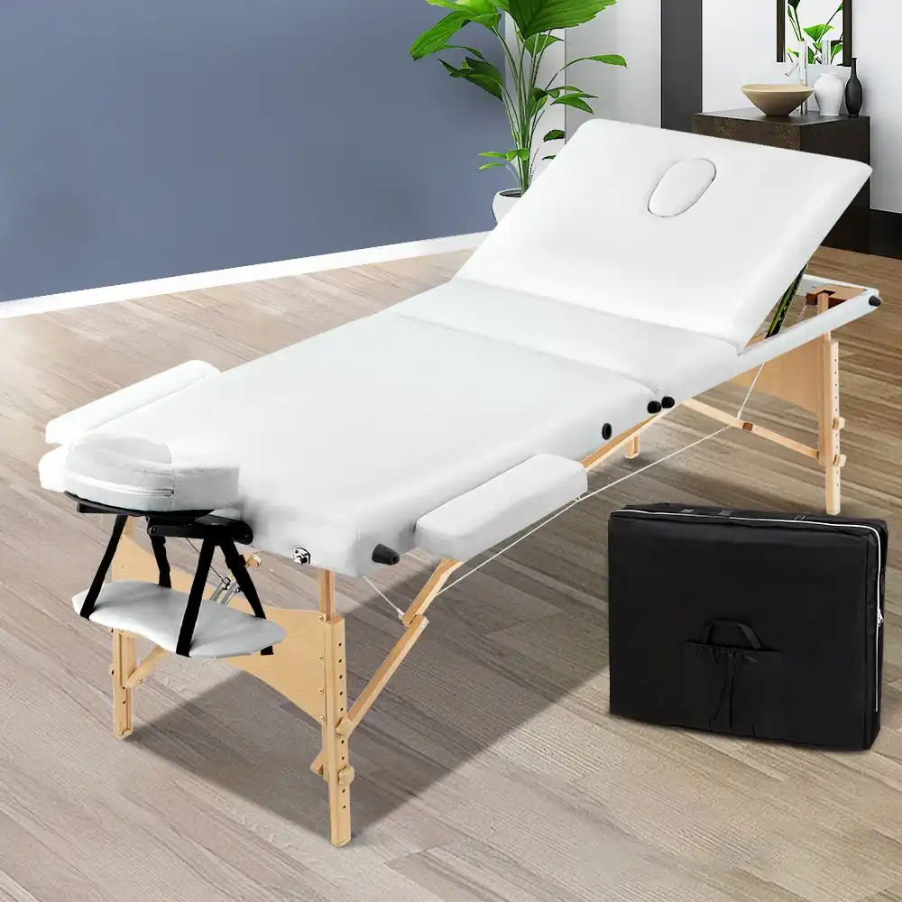 Zenses 70CM Wide Wooden Portable Massage Table 3 Fold Beauty Bed Therapy Waxing White