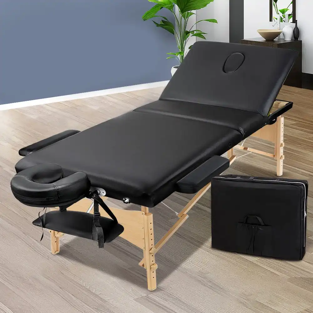 Zenses 70CM Wide Wooden Portable Massage Table 3 Fold Beauty Therapy Bed Waxing BLACK