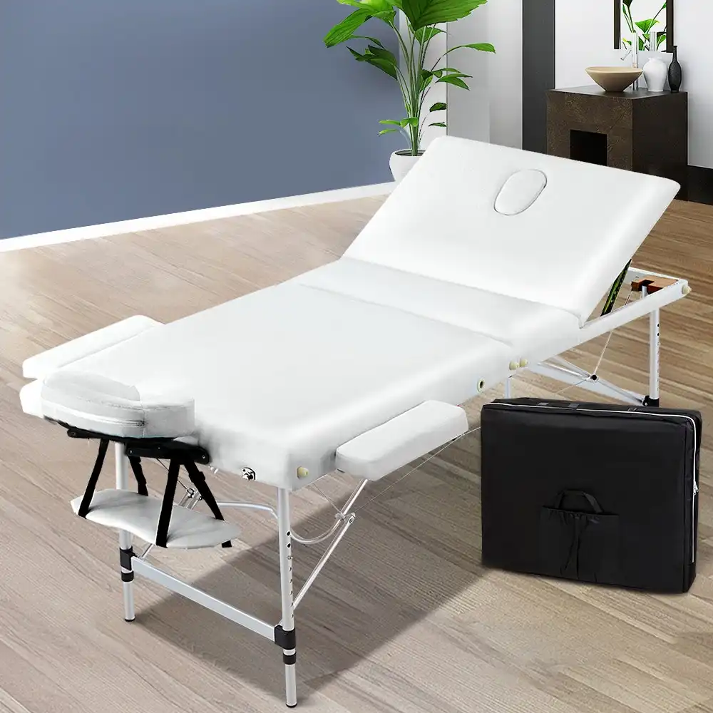 Zenses 75CM Wide Portable Aluminium Massage Table 3 Fold Beauty Bed Therapy Waxing White