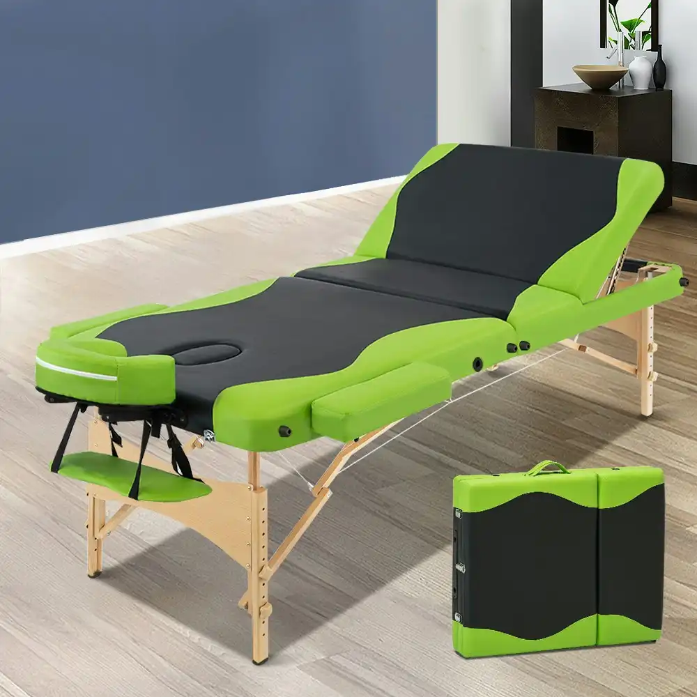Zenses Massage Table 70CM Wooden Portable 3 Fold Beauty Bed Green