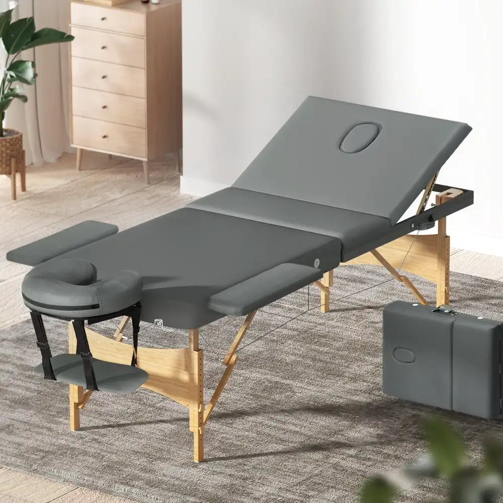 Zenses Massage Table Wooden Bed Portable 3 Fold 75CM Grey