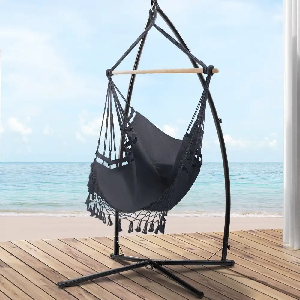 Gardeon Hammock Chair with Steel Stand Outdoor Indoor Hanging Bed Tassel Grey