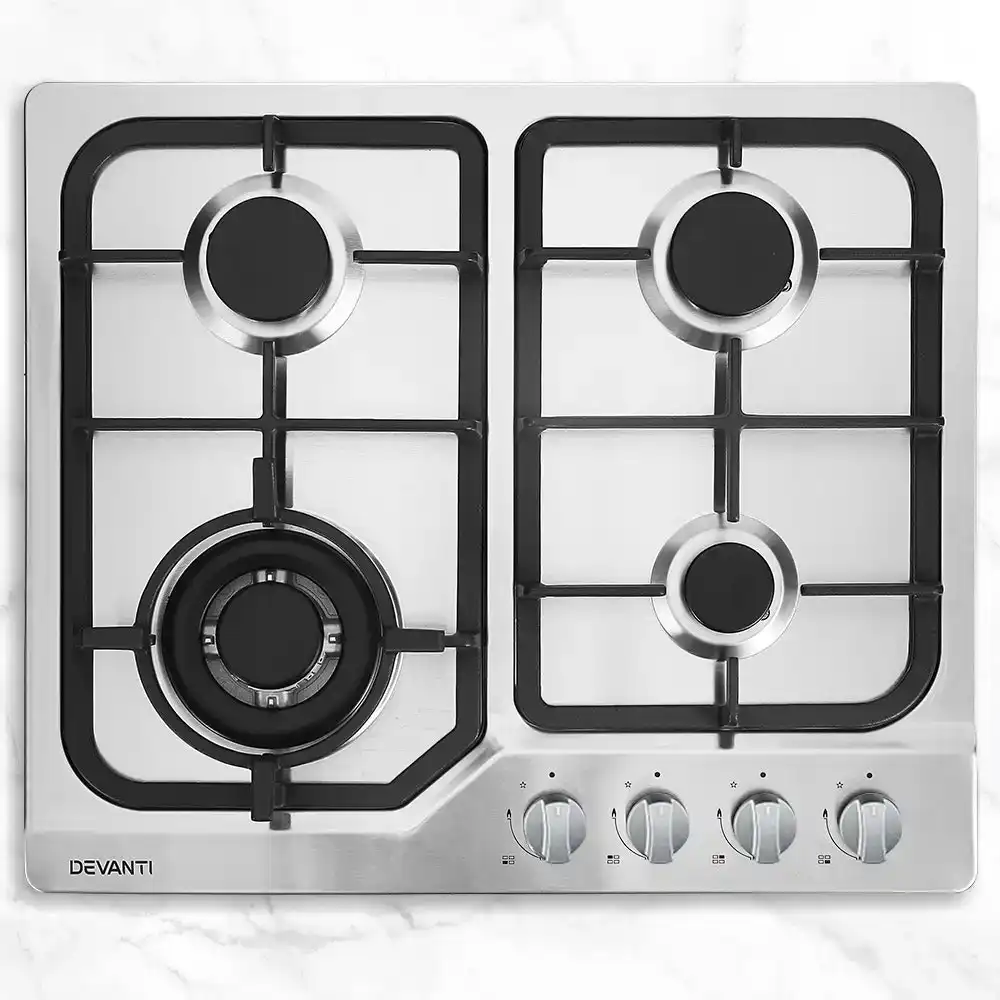 Devanti Gas Cooktop 60cm 4 Burner Gas Stove Hob Cooker Cook Top Knobs w/ NG LPG Gas Conversion Kit Stainless Steel