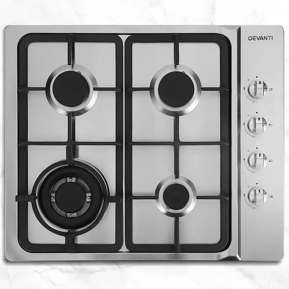 Devanti Gas Cooktop 60cm 4 Burner Kitchen Stove Hob Cook Top Cooker Natural/LPG Gas w/ Conversion Kit Stainless Steel