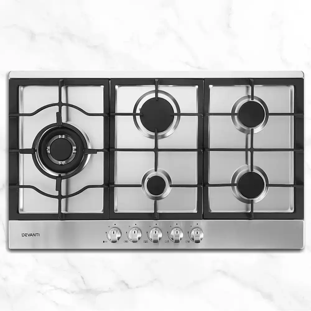 Devanti Gas Cooktop 90cm 5 Burner Kitchen Stove Hob Cook Top Cooker w/ Natural/LPG Gas Conversion Kit Stainless Steel