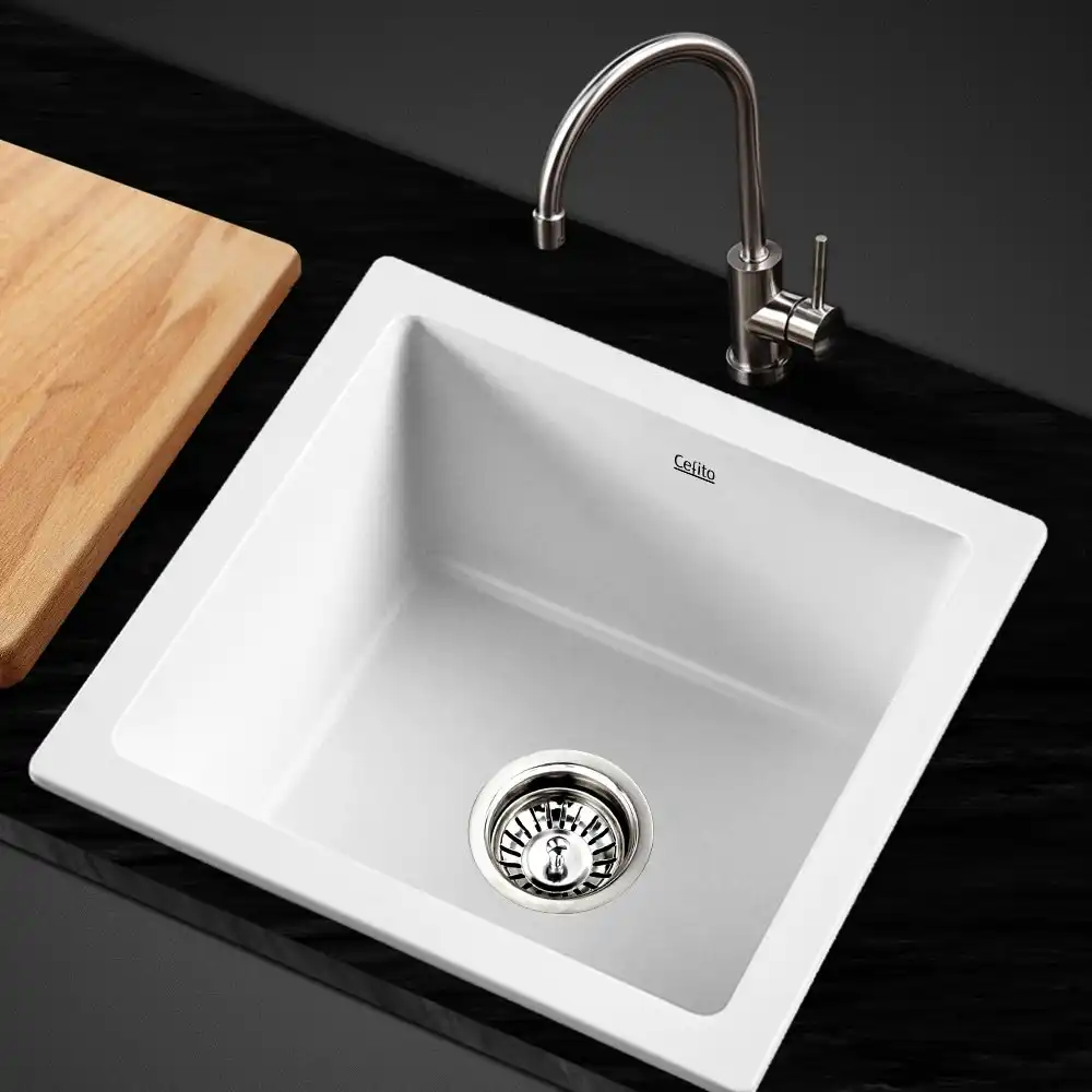 Cefito Kitchen Sink Stone Sink Granite Laundry Basin Single Bowl 45cmx45cm White