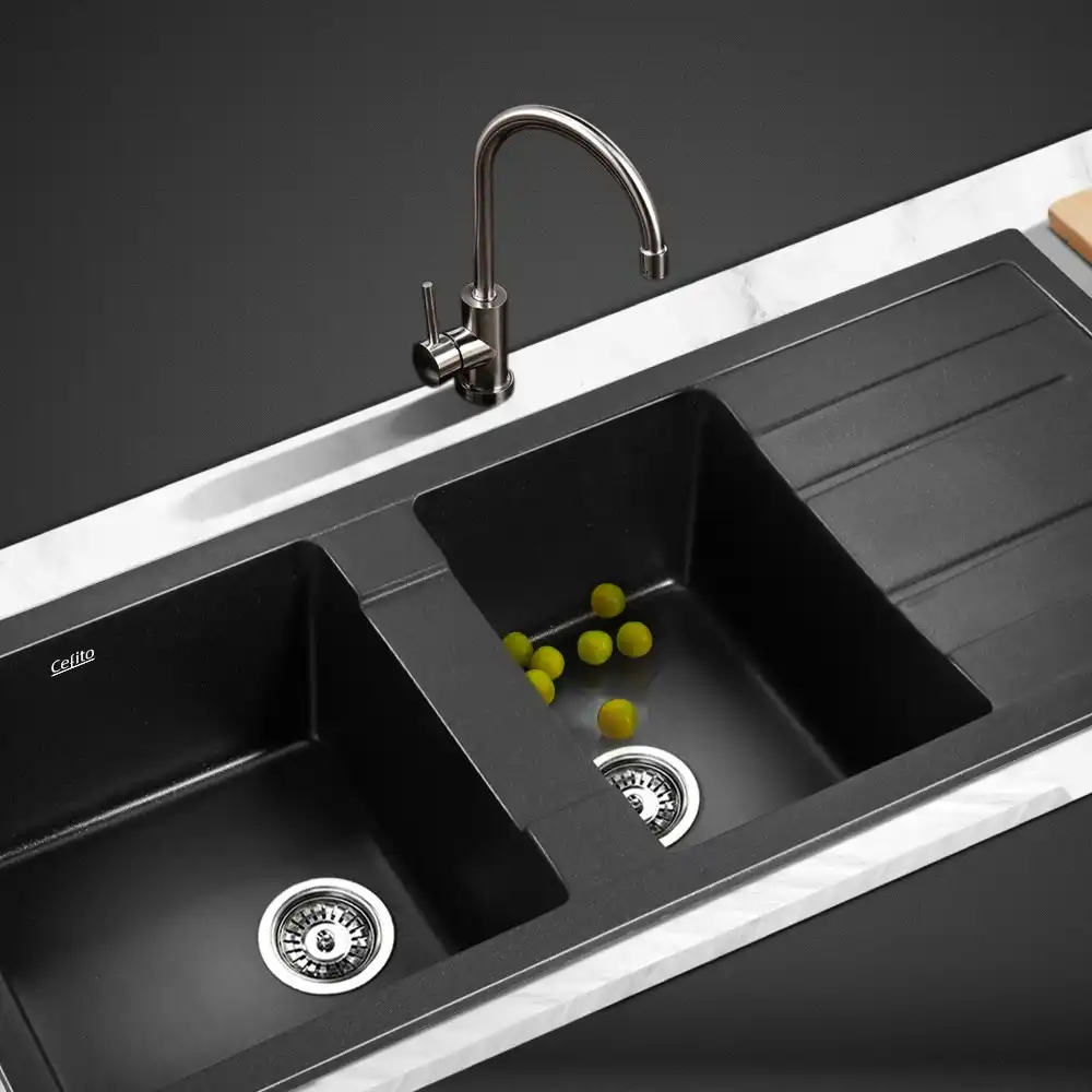 Cefito Granite Kitchen Sink 116X50CM Stone Kitchen Sinks in Black