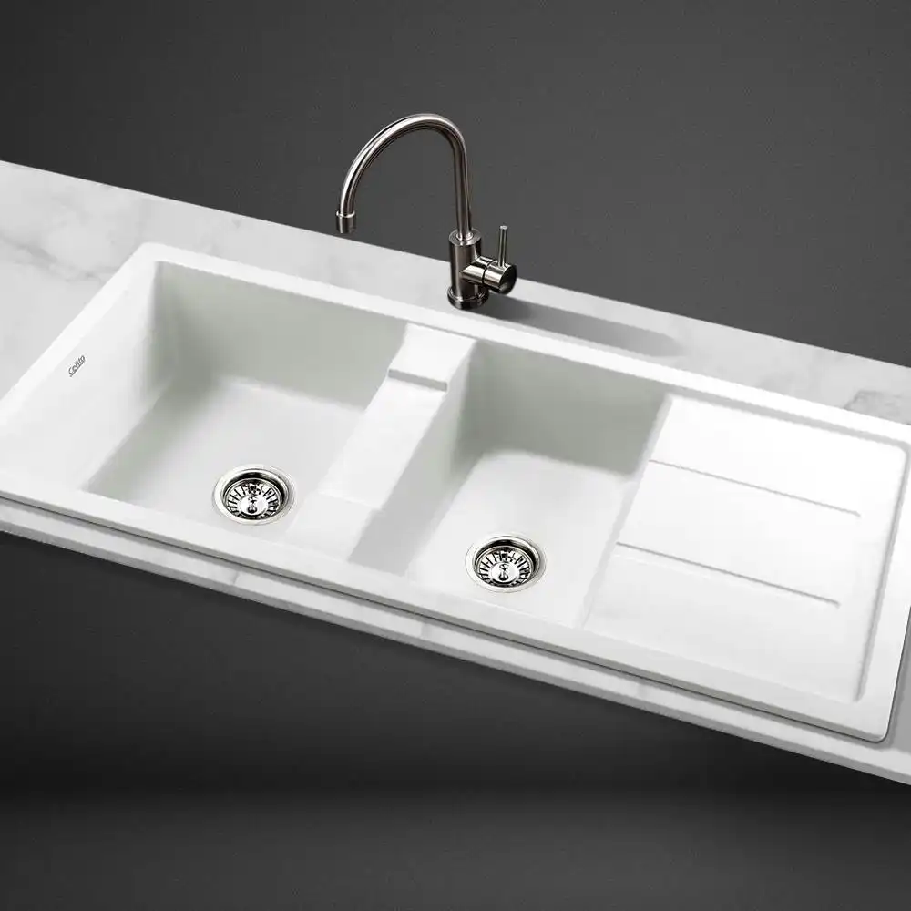 Cefito Kitchen Sink Stone Sink Granite Laundry Basin Double Bowl 116x50cm White
