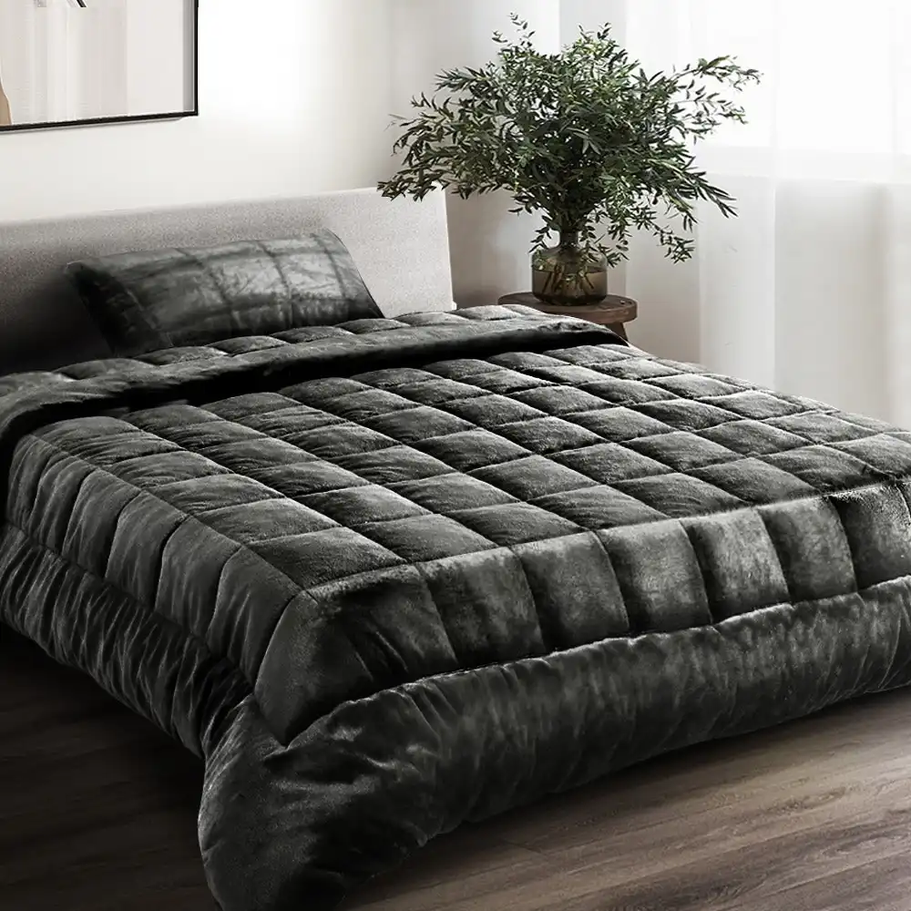 Giselle Bedding Faux Mink Quilt Single Size 500GSM Double-Sided Fleece Comforter Throw Blanket Soft Cover w/ Pillowcase Couch Bed Home Charcoal