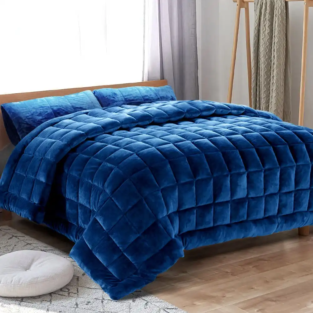 Giselle Faux Mink Quilt Fleece Throw Blanket Duvet Navy Blue Queen