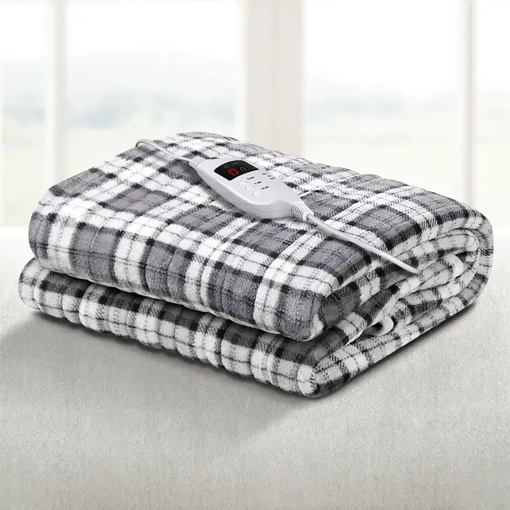 Giselle Bedding Electric Throw Rug Heated Snuggle Blanket Washable Winter Warm Flannel Remote Control w/ Timer & Heat Settings Grey & White Checkered