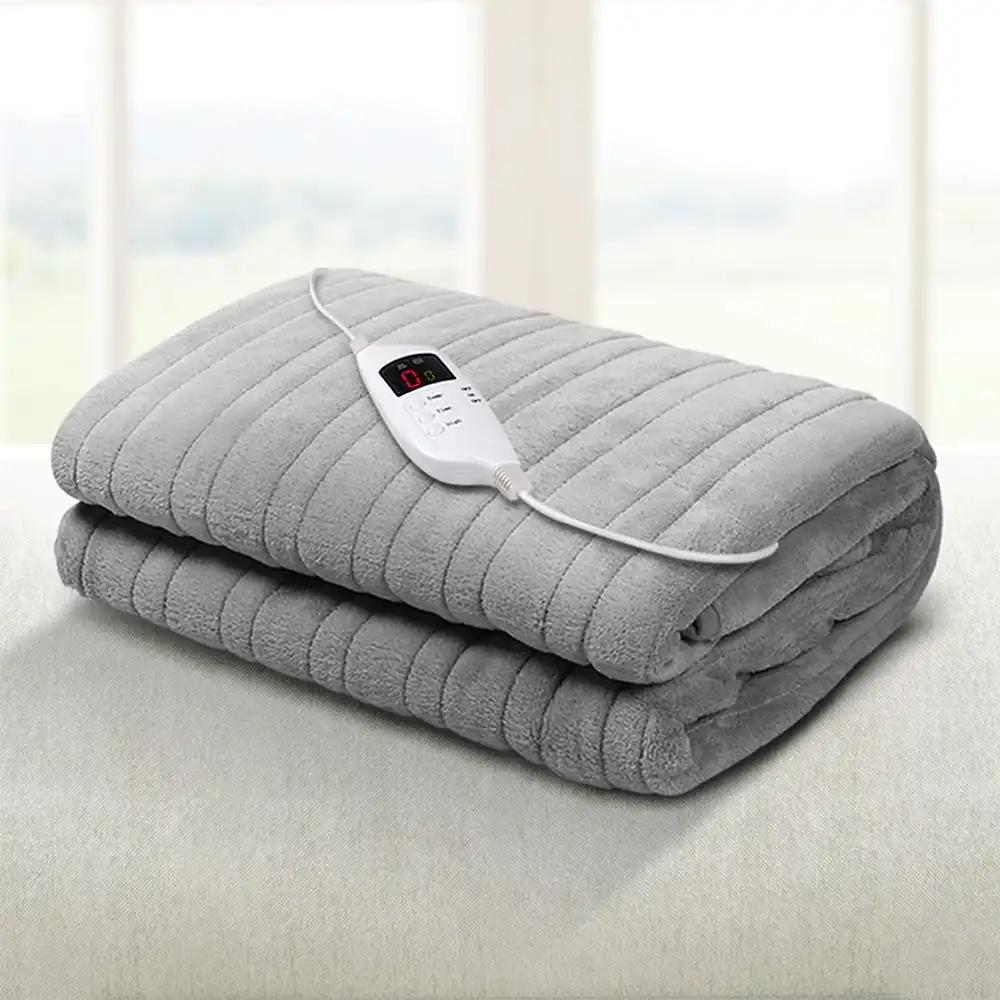 Giselle Bedding Washable Heated Electric Throw Rug Snuggle Blanket Fleece Remote Control Timer 9 Heat Settings Sofa Lounge Living Room Office Silver
