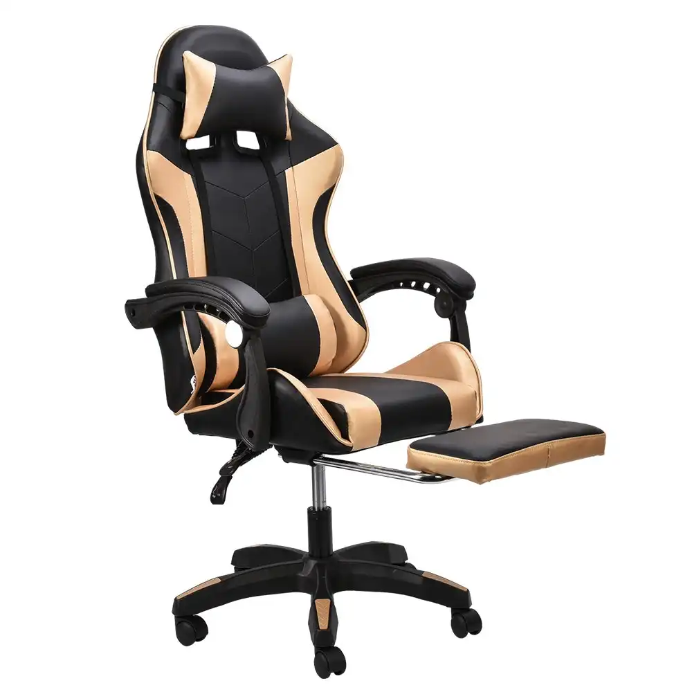 Furb Gaming Chair Racing Recliner Footrest Office Chair Lumbar Support With Headrest Gold