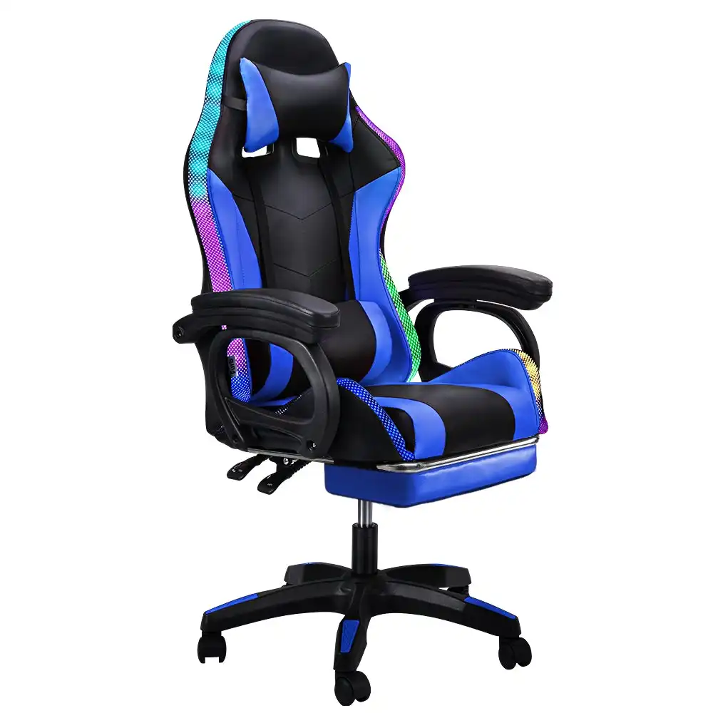 Furb Gaming Chair Executive Computer LED Massage Seat Footrest Ergonomic Support Blue Office Chair