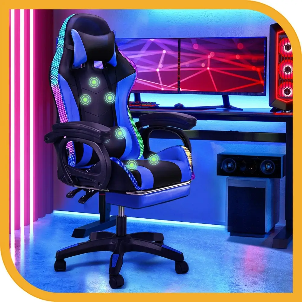 Furb Gaming Chair Computer LED Massage Seat Footrest Support Blue