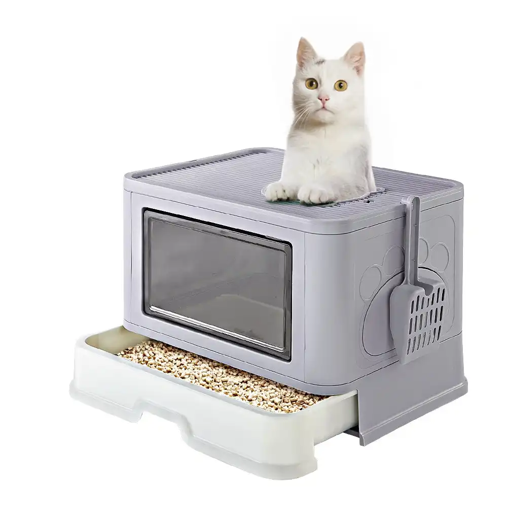 Taily Foldable Cat Litter Box Enclosed Kitty Toilet Hooded Tray Set With Litter Scoop Large Grey