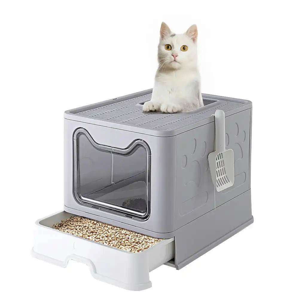 Taily Foldable Cat Litter Box Enclosed Kitty Toilet Hooded Tray Kit With Litter Scoop Large Grey