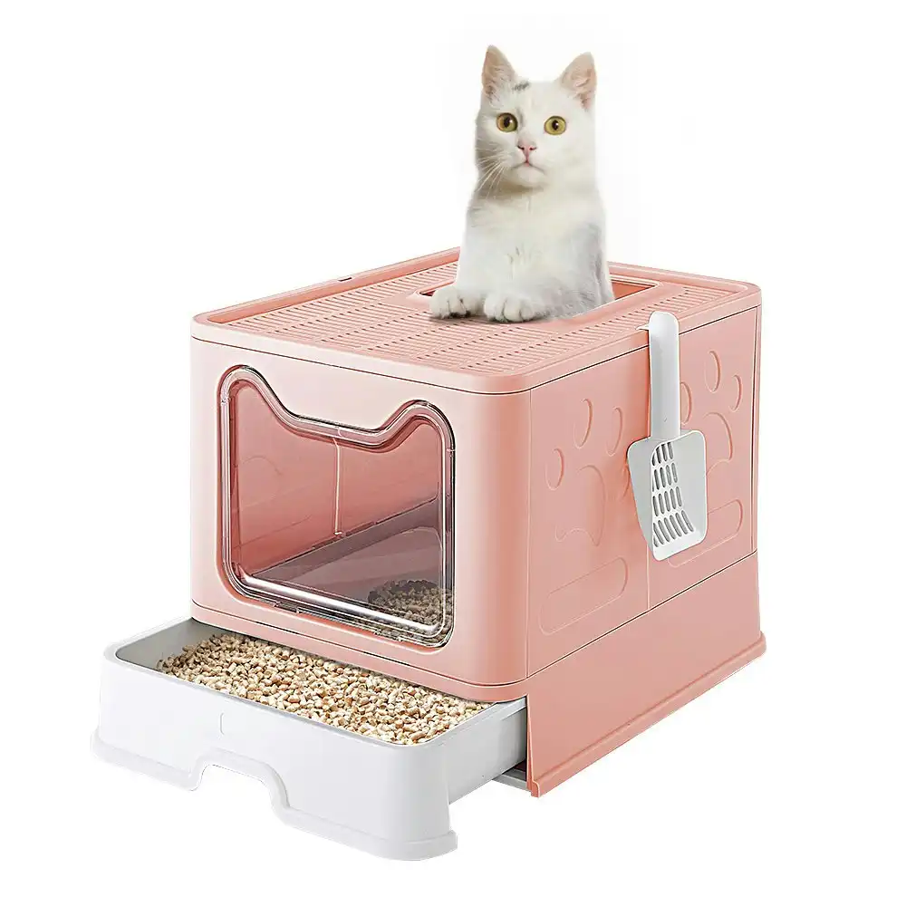 Taily Foldable Cat Litter Box Enclosed Kitty Toilet Hooded Tray Kit With Litter Scoop Large Pink