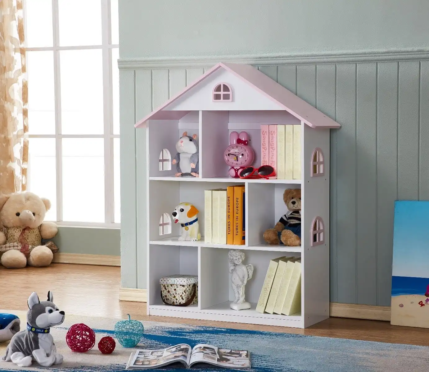 All 4 Kids Veronica Girls‘s Pink Roof Dollhouse Bookcase