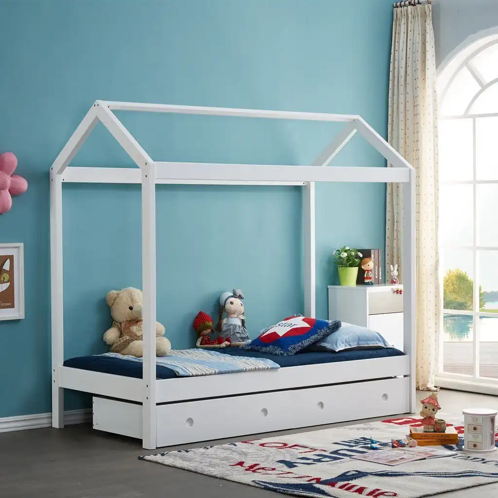All 4 Kids Layla White Wooden House Single Bed with Under Bed Storage
