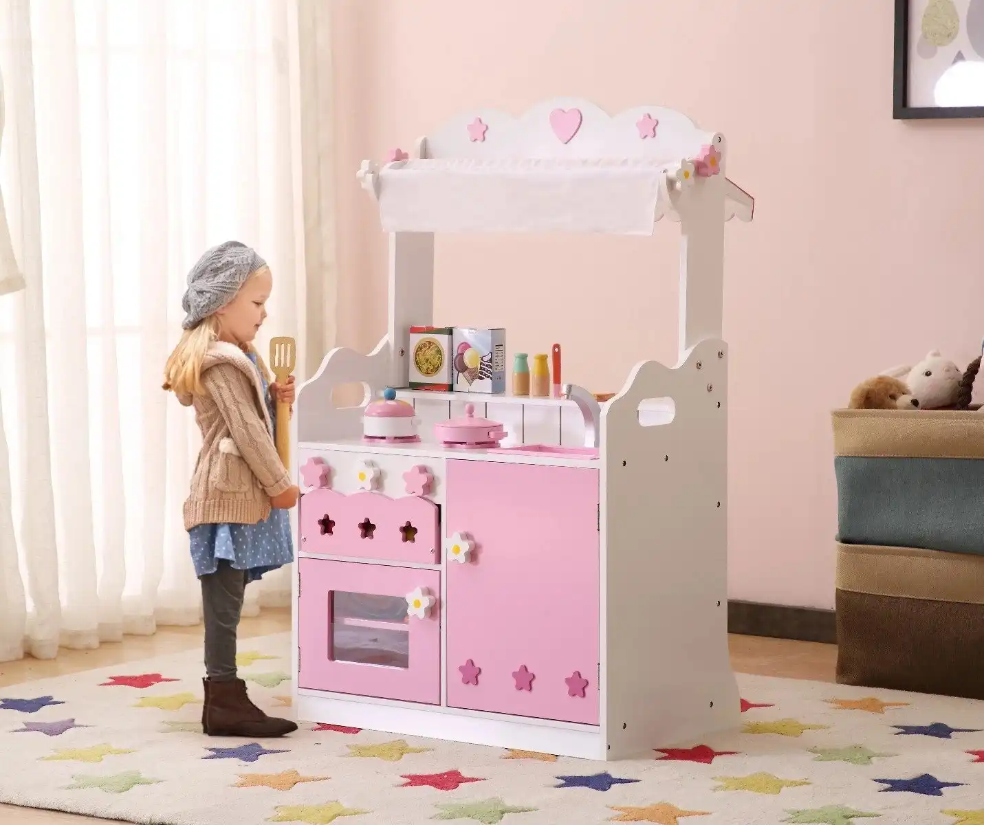 All 4 Kids 2 In 1 Pretend Kitchen and Market Stall