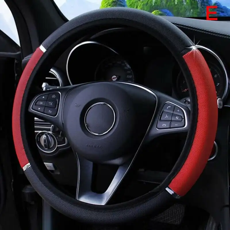 Universal 15" 38cm Leather Black Red Auto Car Steering Wheel Cover Non-.cg