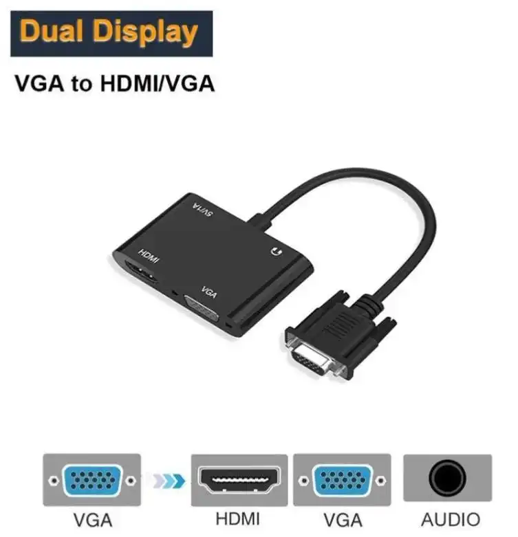 VGA to HDMI VGA Adapter Dual Display 1080P Converter Splitter with Charging Cable and 3.5mm Audio Cable