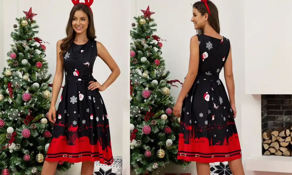 Women's Christmas Dress - Black and Red Sleigh