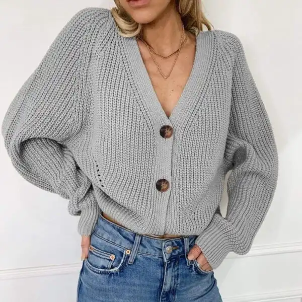 Women's Cropped Knit Button Cardigan - Grey