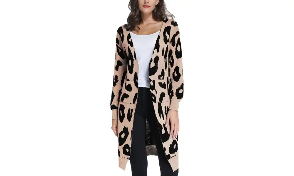 Women's Long Leopard Cardigan - Beige