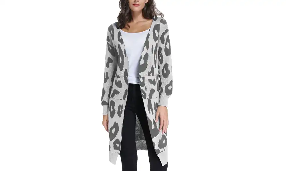 Women's Long Leopard Cardigan - Grey