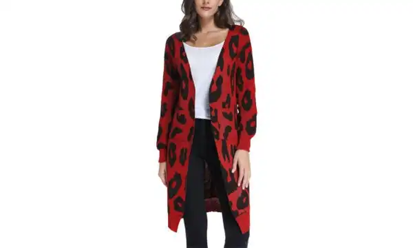 Women's Long Leopard Cardigan - Red