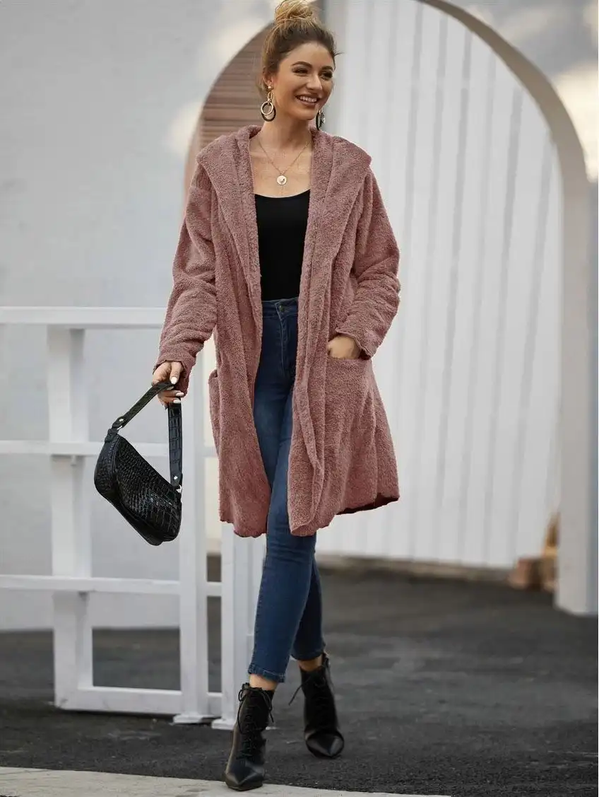 Women's Open Front Teddy Coat with Pockets - Blush