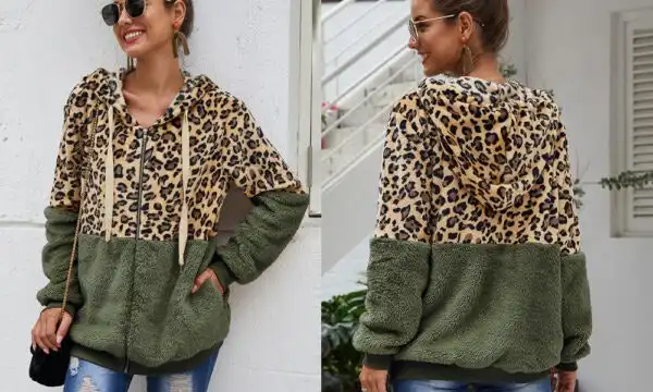 Women's Oversized Leopard Zip Hoodie - Khaki
