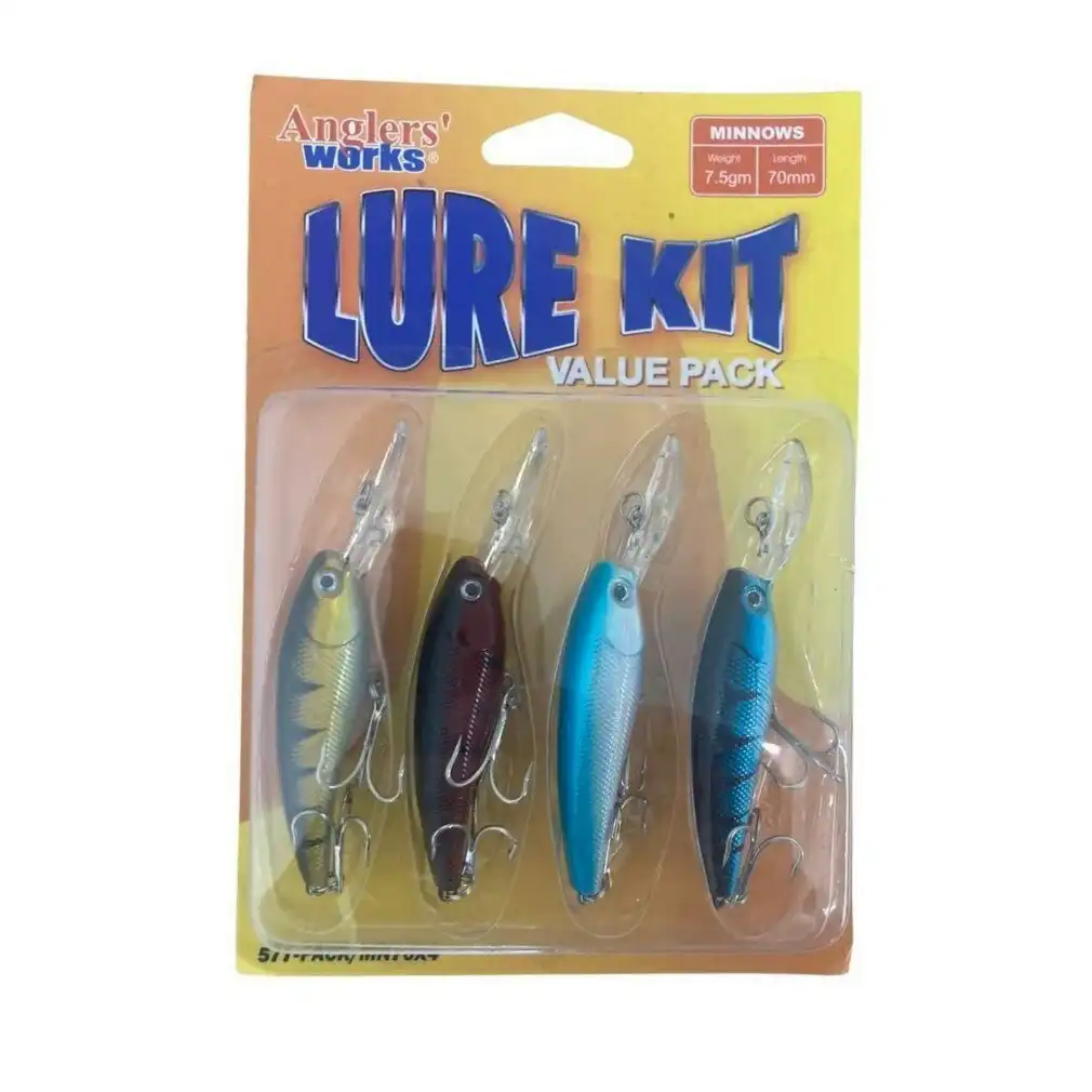 4 Pack of Anglers Works Assorted 70mm Hard Body Minnow Fishing Lures, Hooked Online
