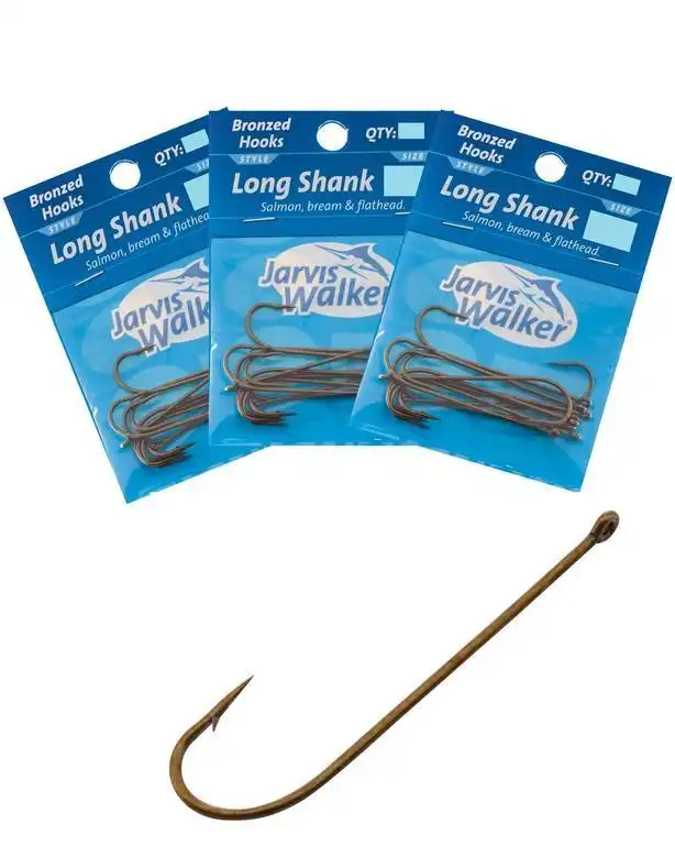3 Pack Jarvis Walker Bronze Long Shank Fishing Hooks - 2 Sizes To Choose From