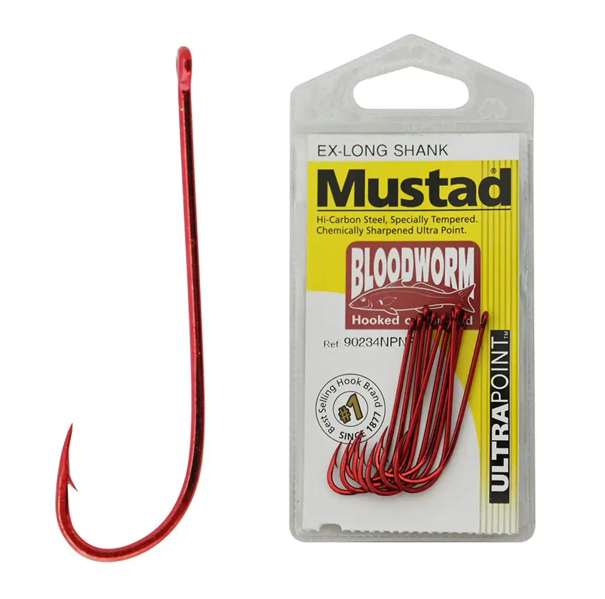 1 Packet of Mustad 90234NPNR Bloodworm Chemically Sharp Fishing Hooks
