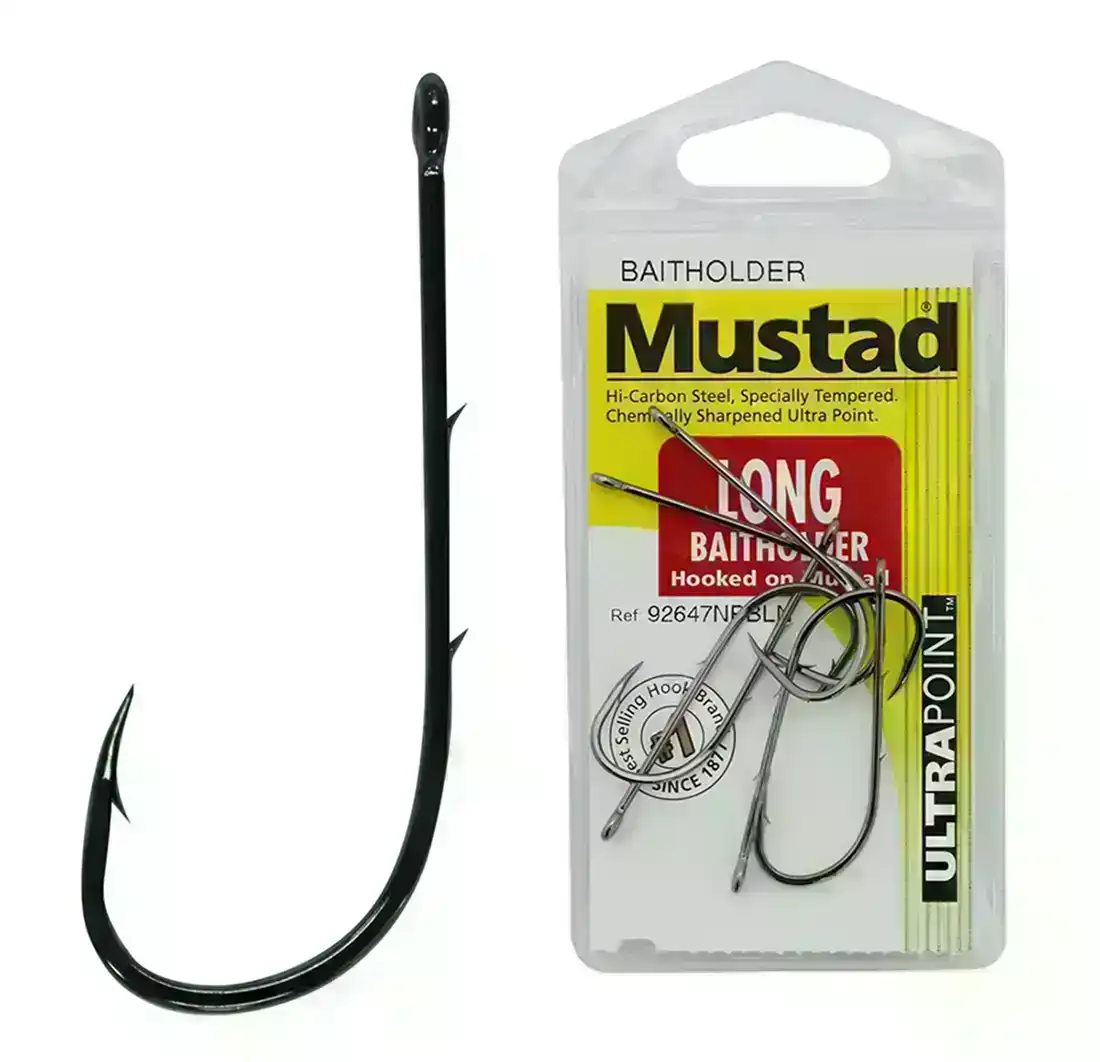 1 Packet of Mustad 92647NPBLN Long Baitholder Chemically Sharp Fishing Hooks, Hooked Online