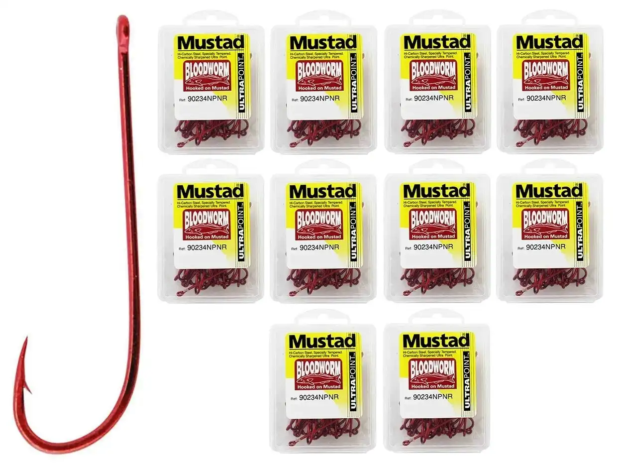 10 Boxes of Mustad 90234NPNR Bloodworm Chemically Sharpened Fishing Hooks, Hooked Online