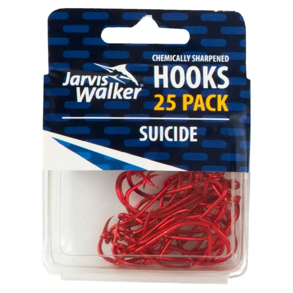25 Pack of Jarvis Walker Red Suicide Octopus Chemically Sharpened Fishing Hooks