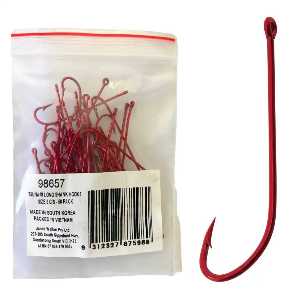 50 Pack of Tsunami Size 6 Red Long Shank Hooks - Chemically Sharpened Worm  Hooks, Hooked Online