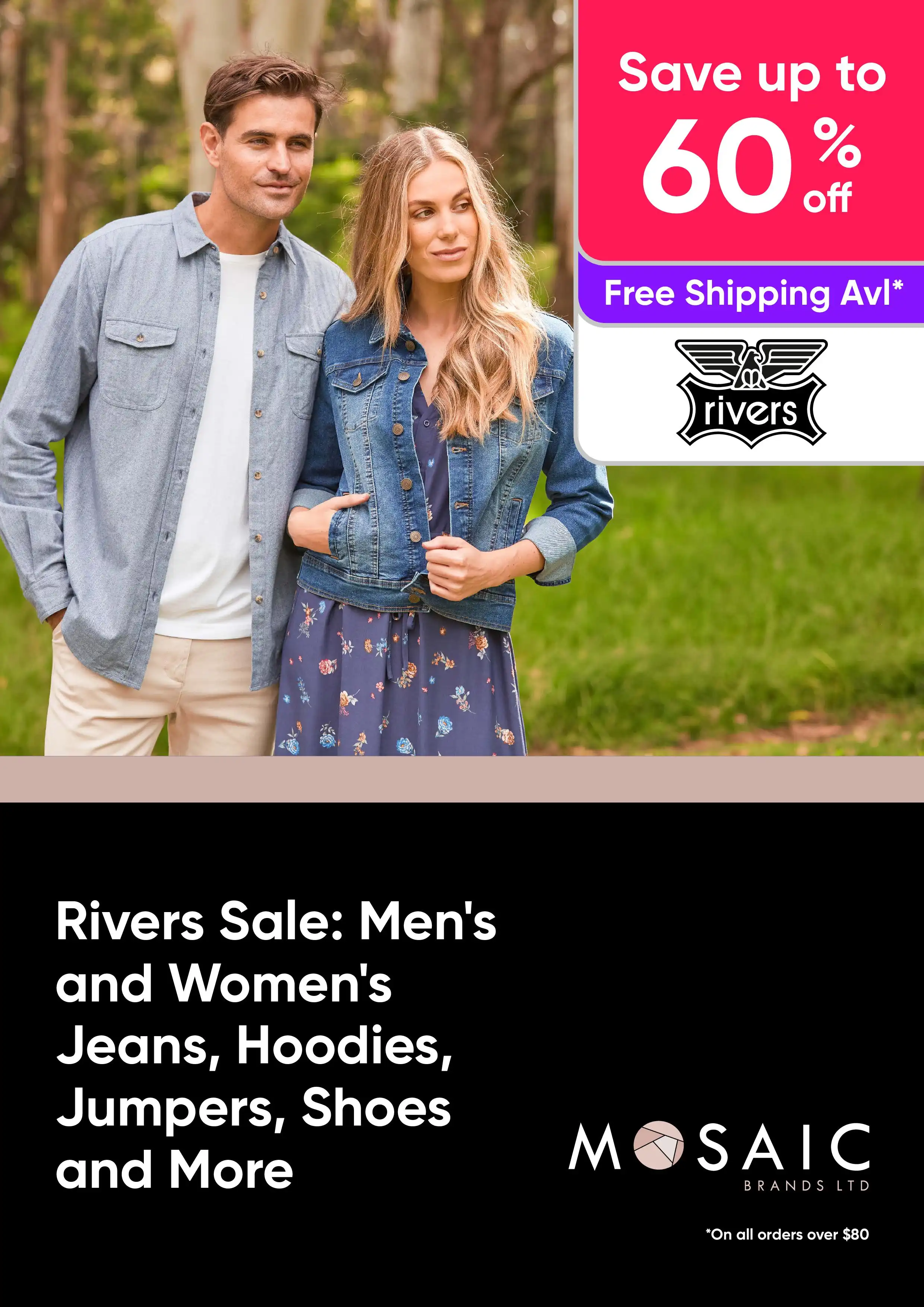 Rivers Sale - Men's and Women's Jeans, Hoodies, Jumpers, Shoes and More - up to 60% off