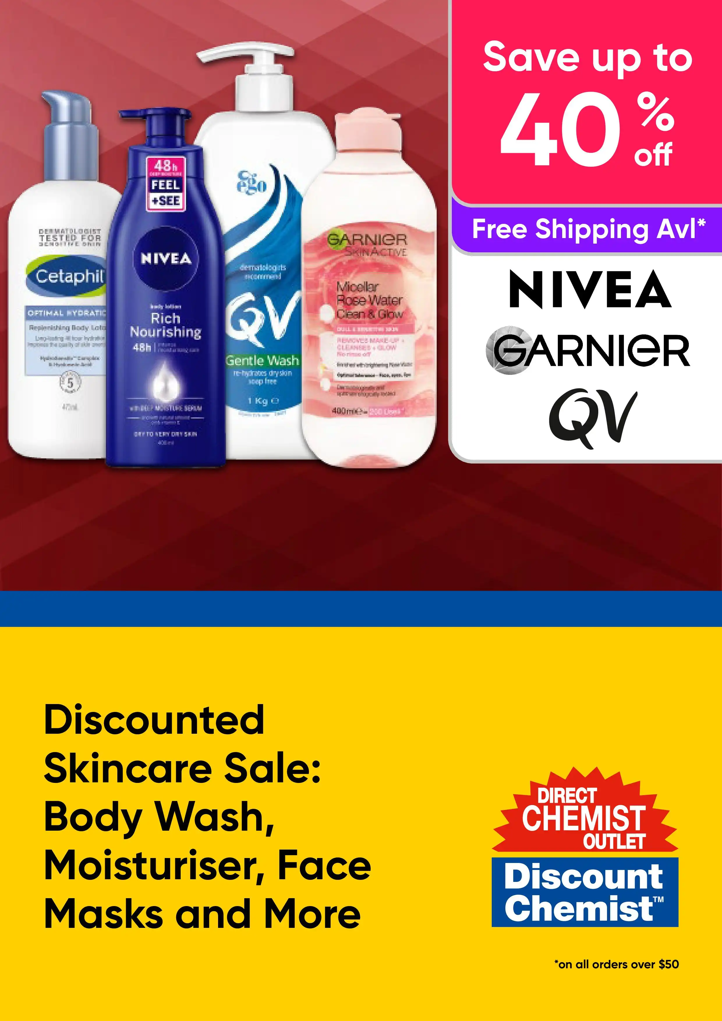 Discounted Skincare Sale - Body Wash, Moisturiser, Face Masks and More - Nivea, Garnier Aveeno - up to 40% off