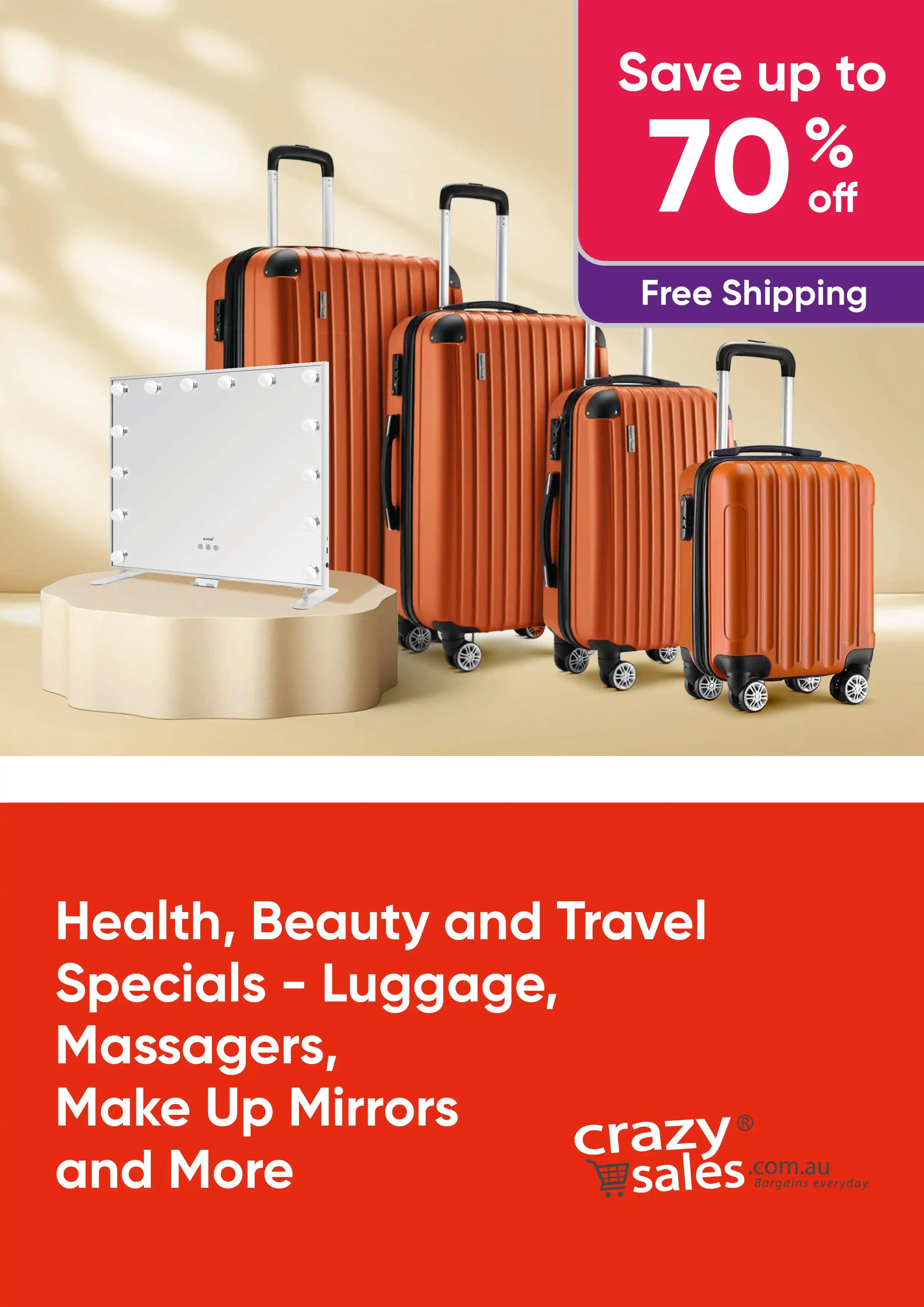 Health, Beauty and Travel Specials - Save Up To 70% Off Luggage, Massagers, Make Up Mirror and More