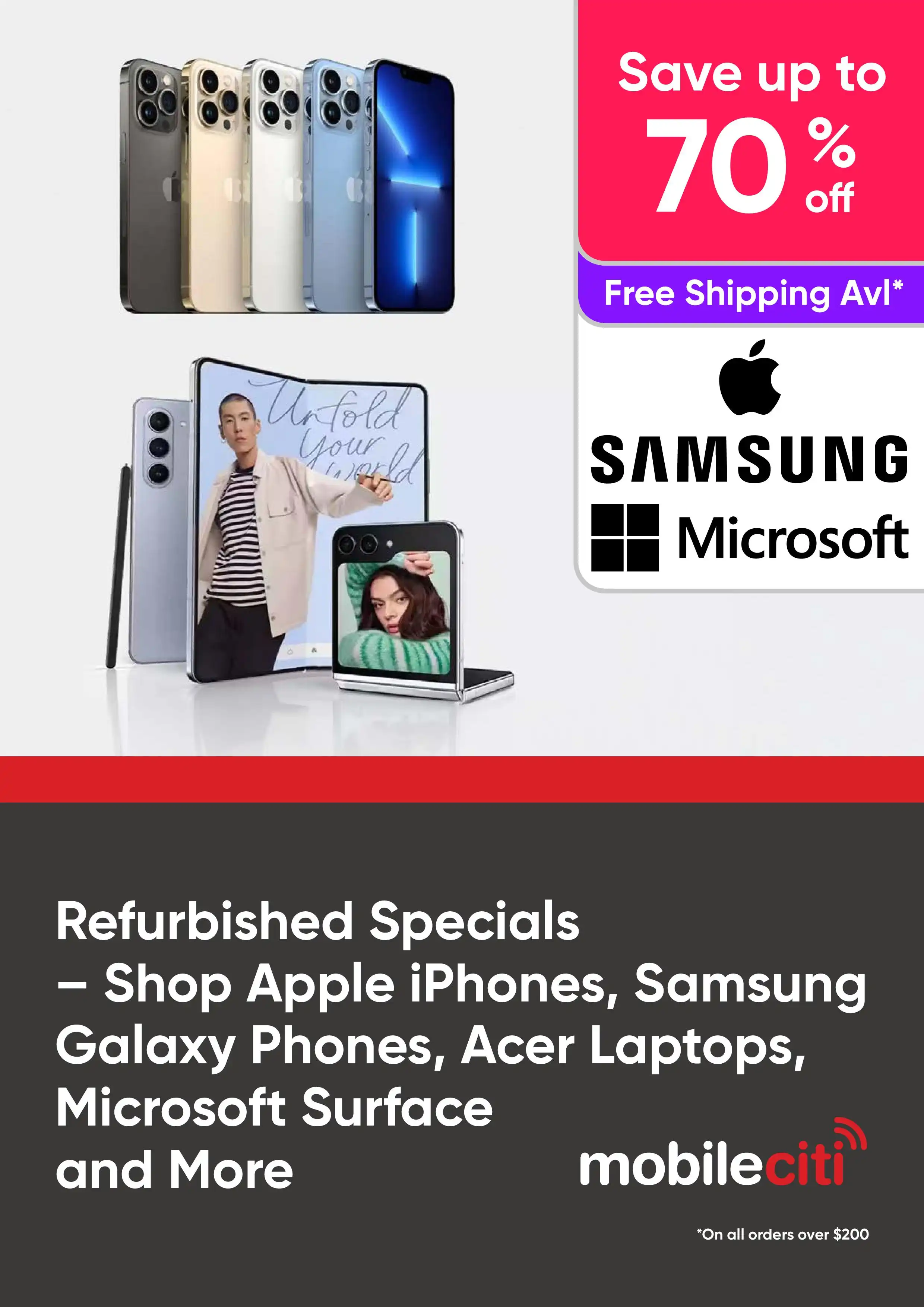 Refurbished Specials- Save Up to 70% Off On Apple iPhones, Samsung Galaxy Phones, Acer Laptops, Microsoft Surface and More