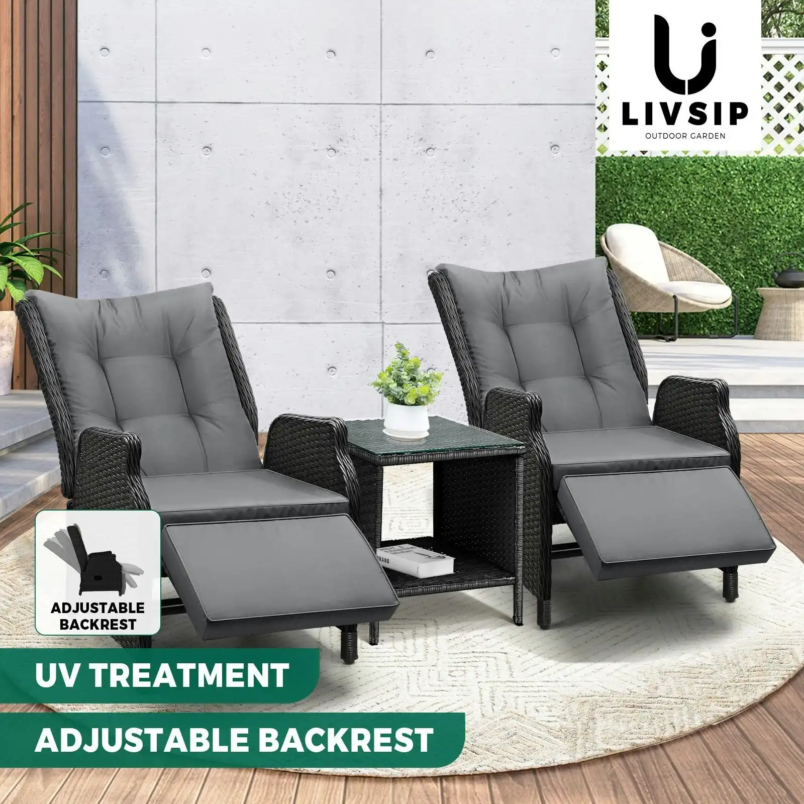 Livsip Sun Lounge Outdoor Recliner Chair &Table Outdoor Furniture Patio Set of 3